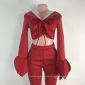 Sexy Lace-up Long Sleeve Ruffle Red Crop Top and Flare Pants Lady Suit